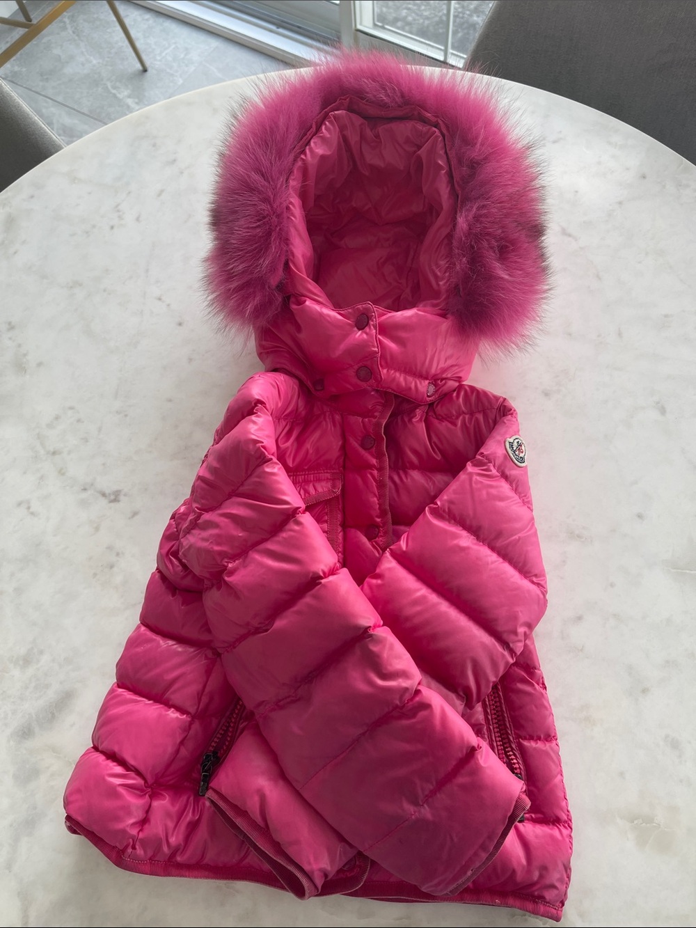 Moncler Girls Pink Puffer Jacket with Fur Trim Hood